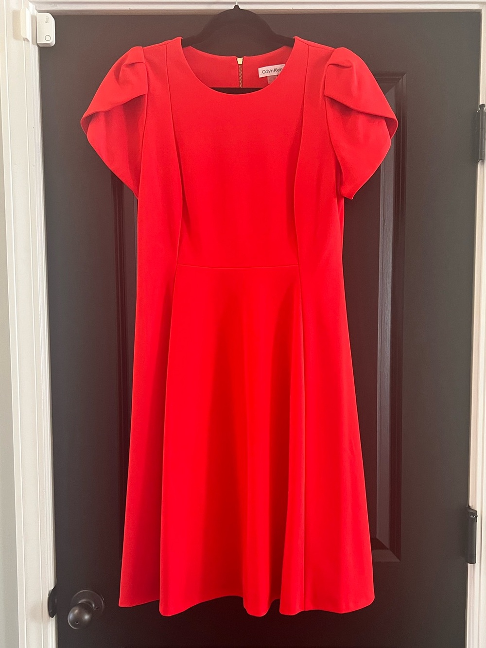 Calvin Klein Red Fit & Flare Dress Flutter Sleeves Gold Zip Size 12